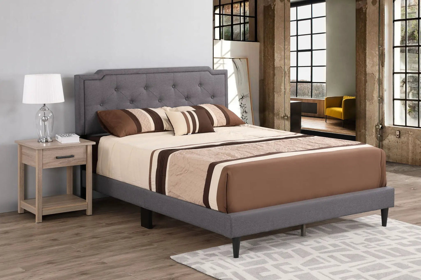 Button tufted upholstered bed in grey fabric with tufted headboard by Unique Piece Furniture on Tampa Home & Garden Store