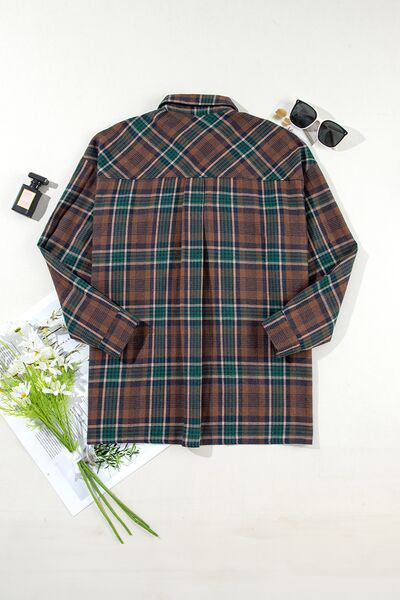 Stevvex Timeless plaid button-up long sleeve jacket in brown cotton-blend with green-blue checks on Tampa Home & Garden Store