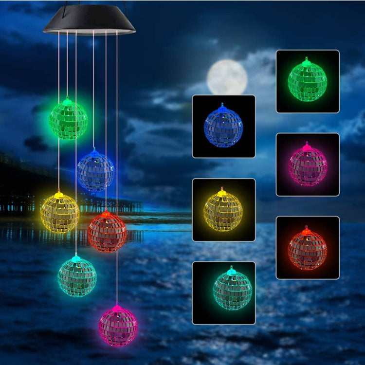 Outdoor solar wind chime lamp with colorful hanging disco balls for landscape lighting on Tampa Home & Garden Store