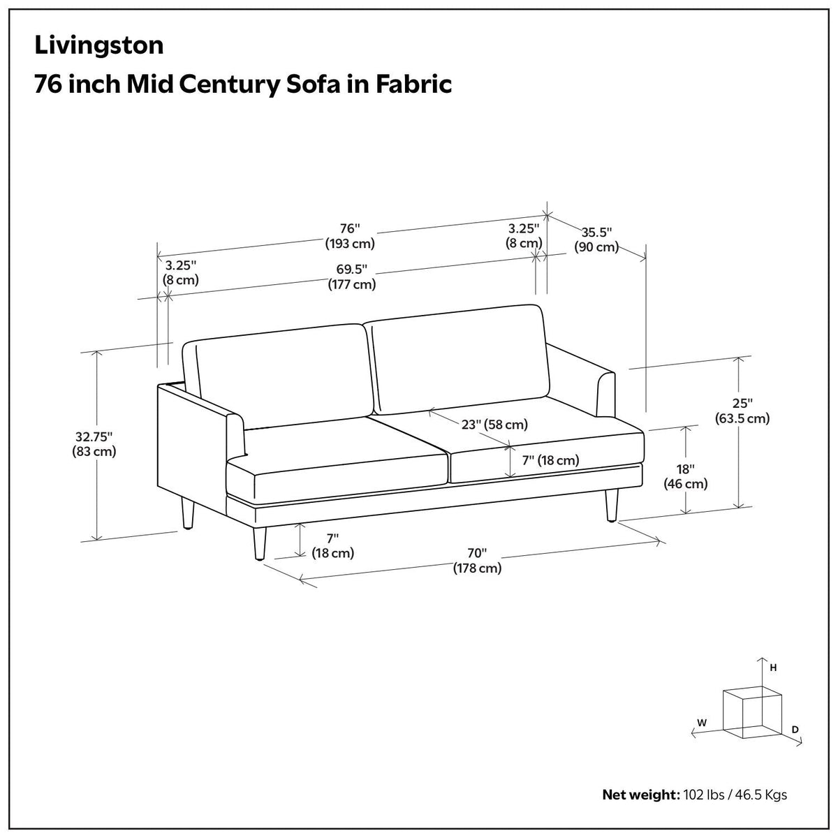 Livingston Upholstered Sofa, fabric, 70 inches wide with two-seat cushions by HouseOfZazla on Tampa Home & Garden Store