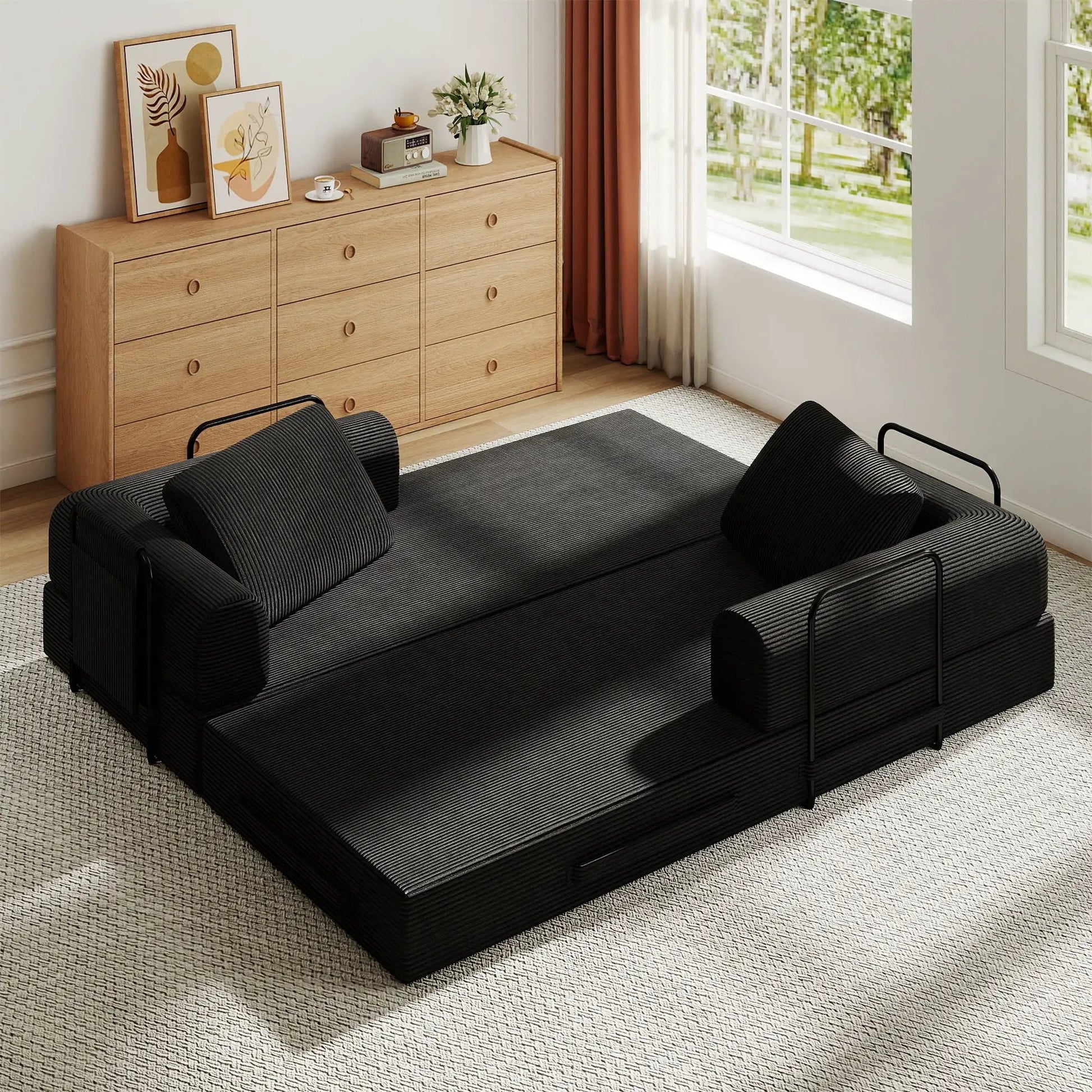Convertible Sleeper Sofa Bed with Cylindrical Pillow, black fixed frame on Tampa Home & Garden Store