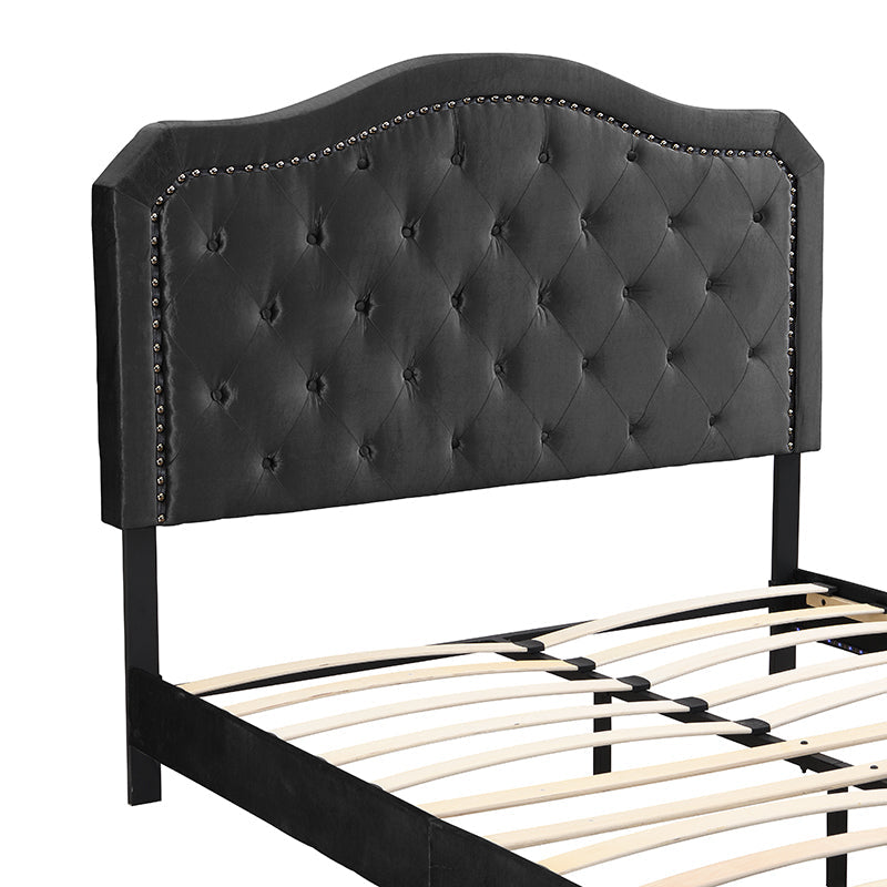Queen upholstered bed with curved tufted headboard in black faux leather by HouseOfZazla on Tampa Home & Garden Store