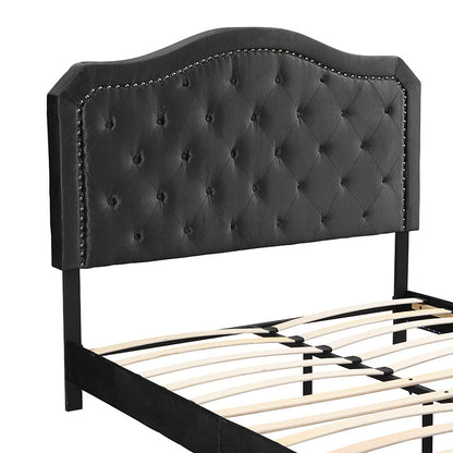 Queen upholstered bed with curved tufted headboard in black faux leather by HouseOfZazla on Tampa Home & Garden Store