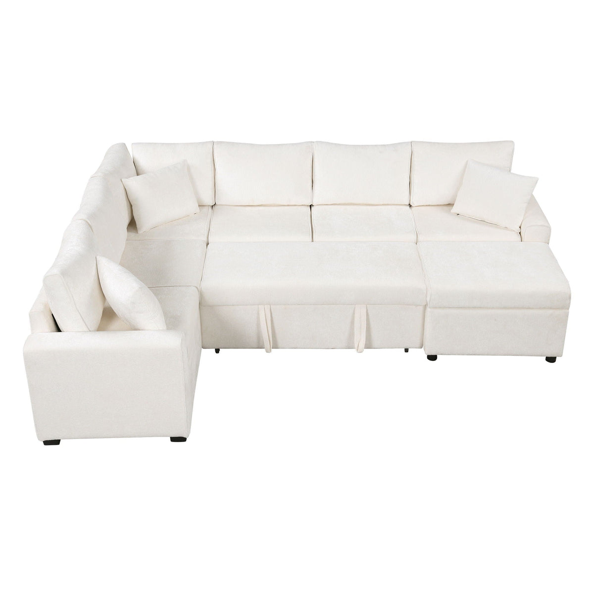 Sleeper sectional sofa in cream fabric with storage ottoman and three pillows on Tampa Home & Garden Store