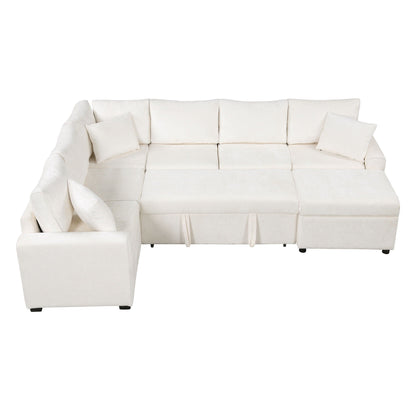 Sleeper sectional sofa in cream fabric with storage ottoman and three pillows on Tampa Home & Garden Store