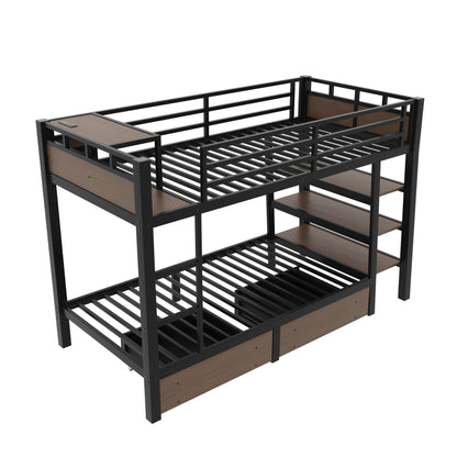 Twin size metal bunk bed by HouseOfZazla with black frame, storage shelves, LED strip, USB strip on Tampa Home & Garden Store