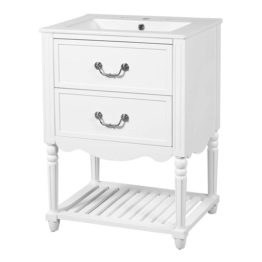 Wave design bathroom vanity with sink, white finish, 2 drawers and open shelf on Tampa Home & Garden Store