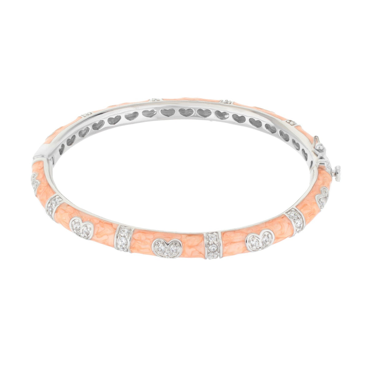 Pave Love Stackable Bangle Double Heart Station peach enamel with pavé hearts on bracelet on Tampa Home & Garden Store