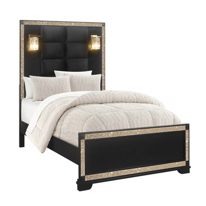 Lively bed with lamps by Unique Piece Furniture; black frame with gold glitter trim on Tampa Home & Garden Store
