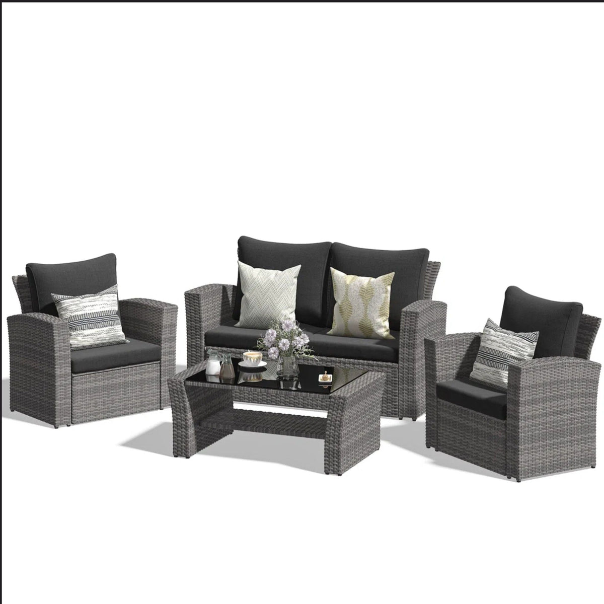 Modern Patio Set with Cushions 4-piece dark gray wicker outdoor furniture with coffee table on Tampa Home & Garden Store