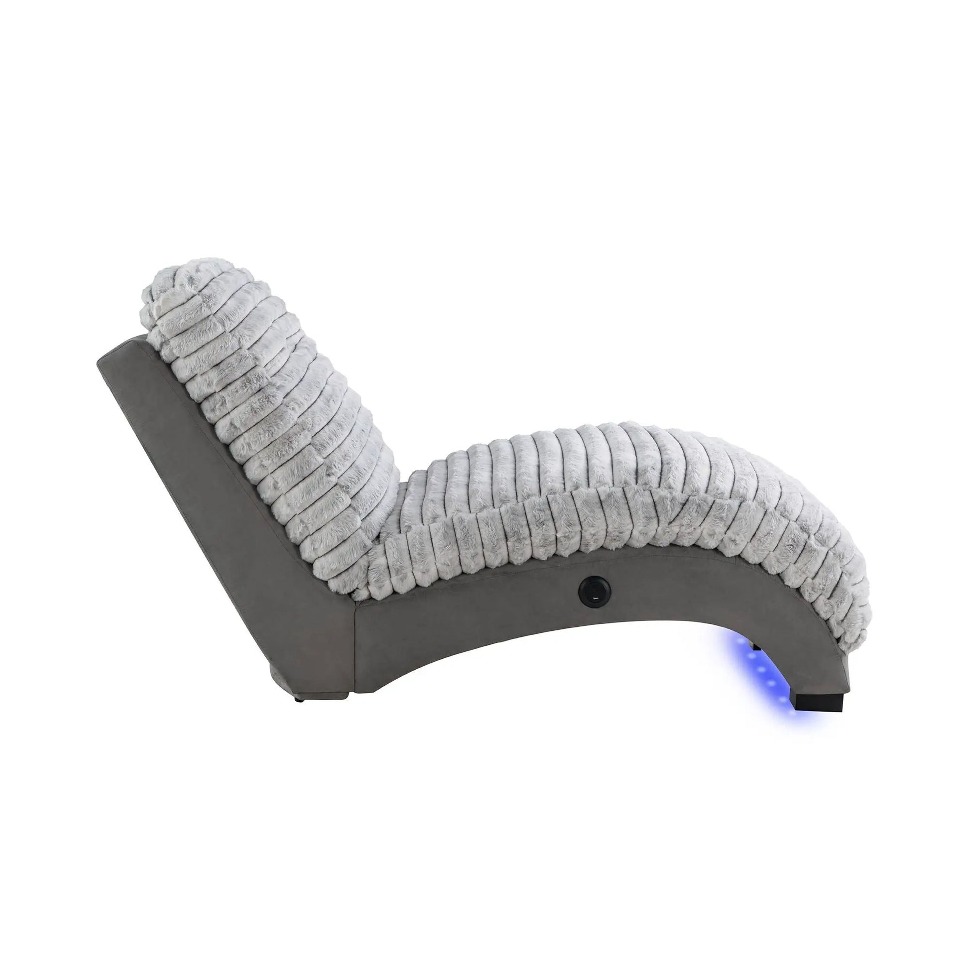 Denise Accent Chaise With USB Support, gray faux fur wrapped cushions on a curved dark base on Tampa Home & Garden Store