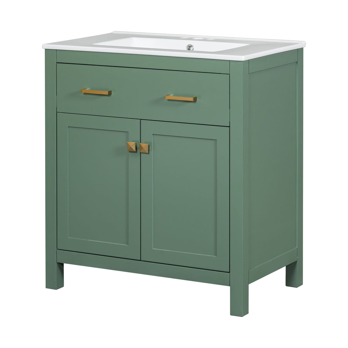 Modern bathroom vanity with white ceramic sink and brass hardware on legs on Tampa Home & Garden Store