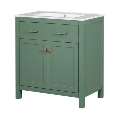 Modern bathroom vanity with white ceramic sink and brass hardware on legs on Tampa Home & Garden Store