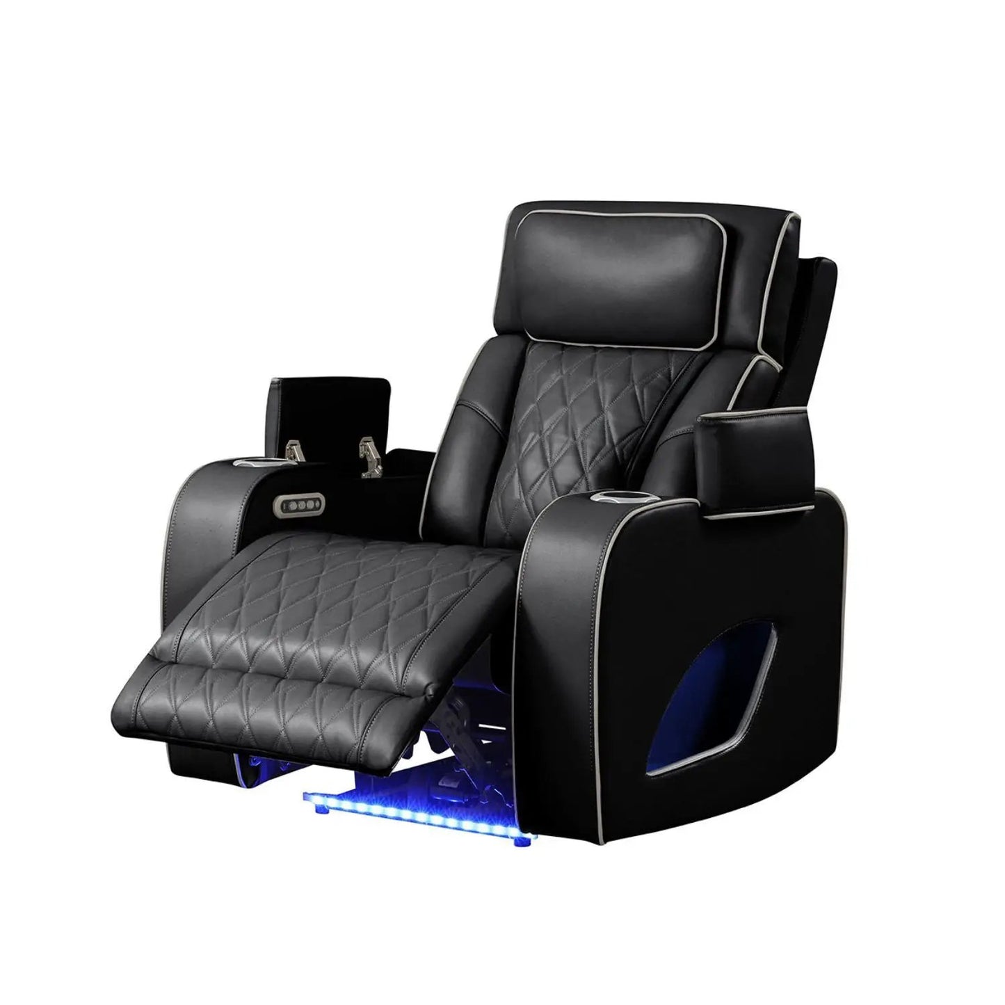 Fortuner Power Reclining Chair in black quilted leather with cupholders on Tampa Home & Garden Store
