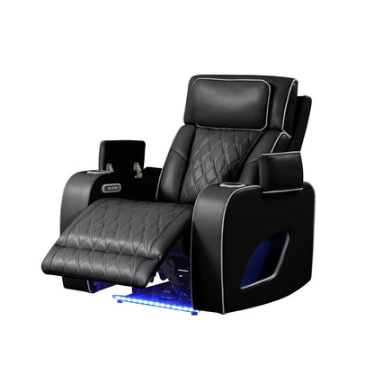 Fortuner Power Reclining Chair in black quilted leather with cupholders on Tampa Home & Garden Store
