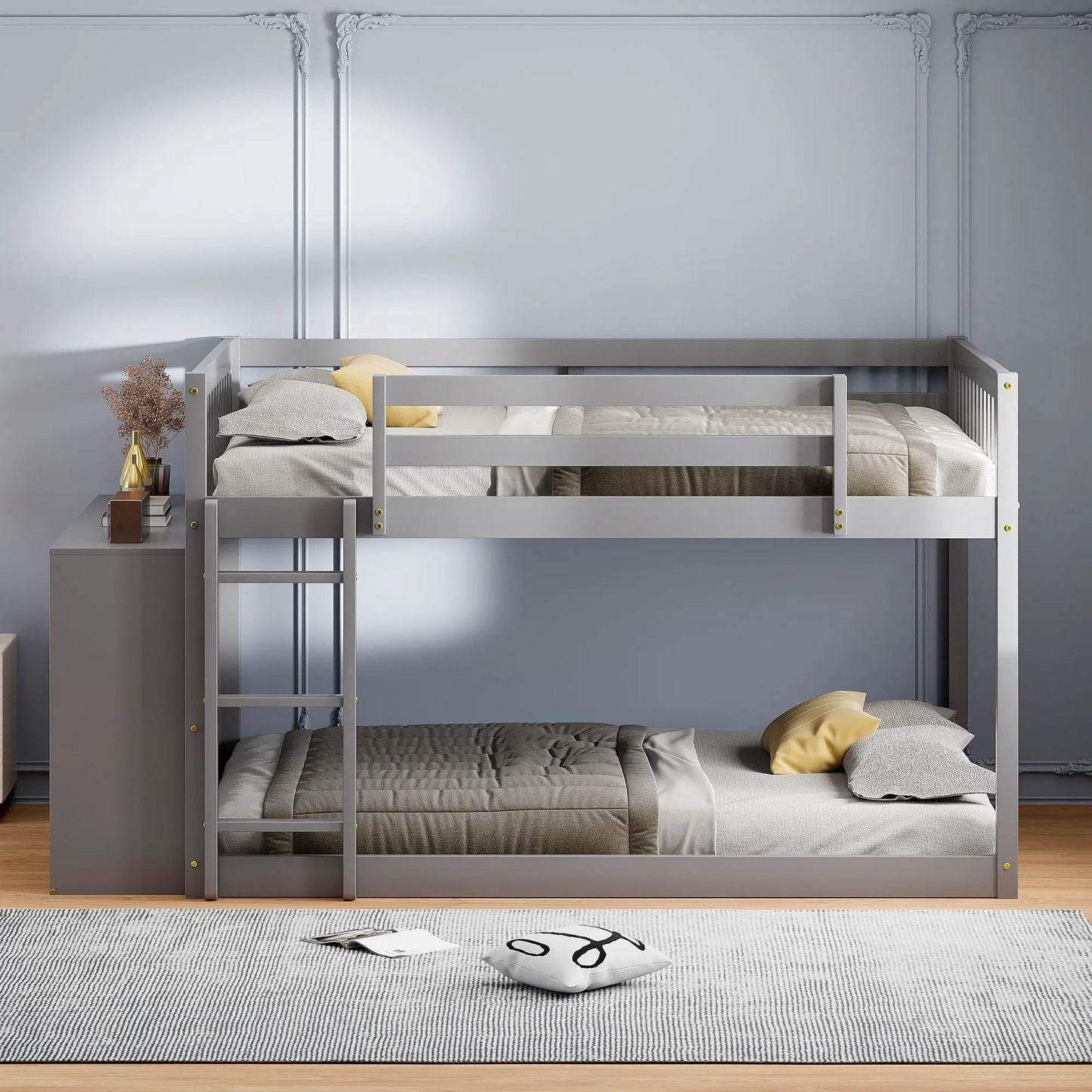 Bunk Bed With Four Drawers and Three Shelves