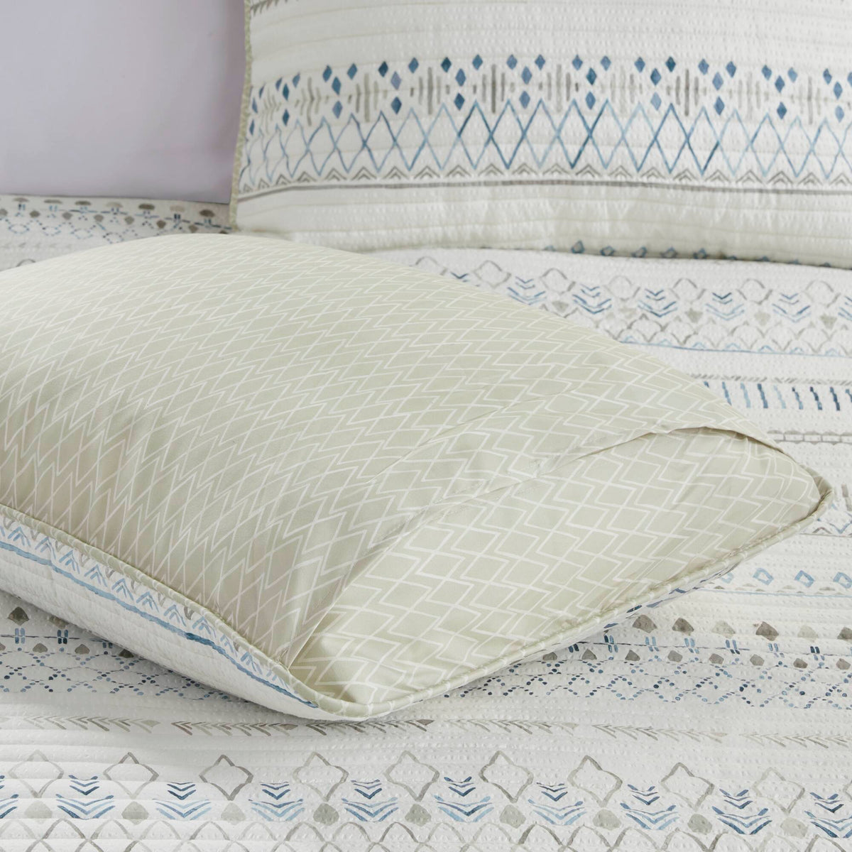Printed Microfiber Seersucker Quilt Set by HouseOfZazla, reversible taupe/blue on Tampa Home & Garden Store
