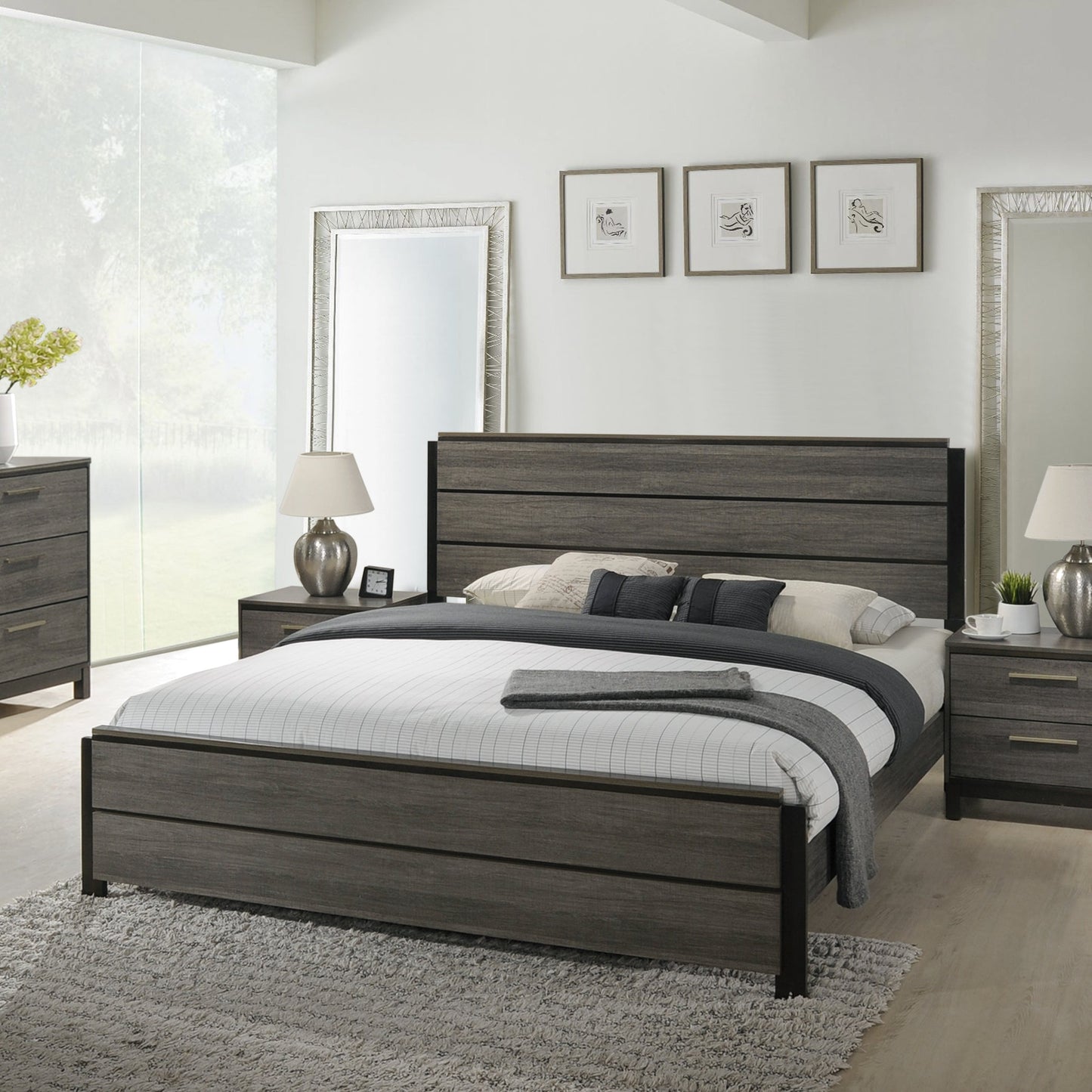 Ioana Contemporary Wood Panel Bed by HouseOfZazla, wood platform bed with two nightstands on Tampa Home & Garden Store