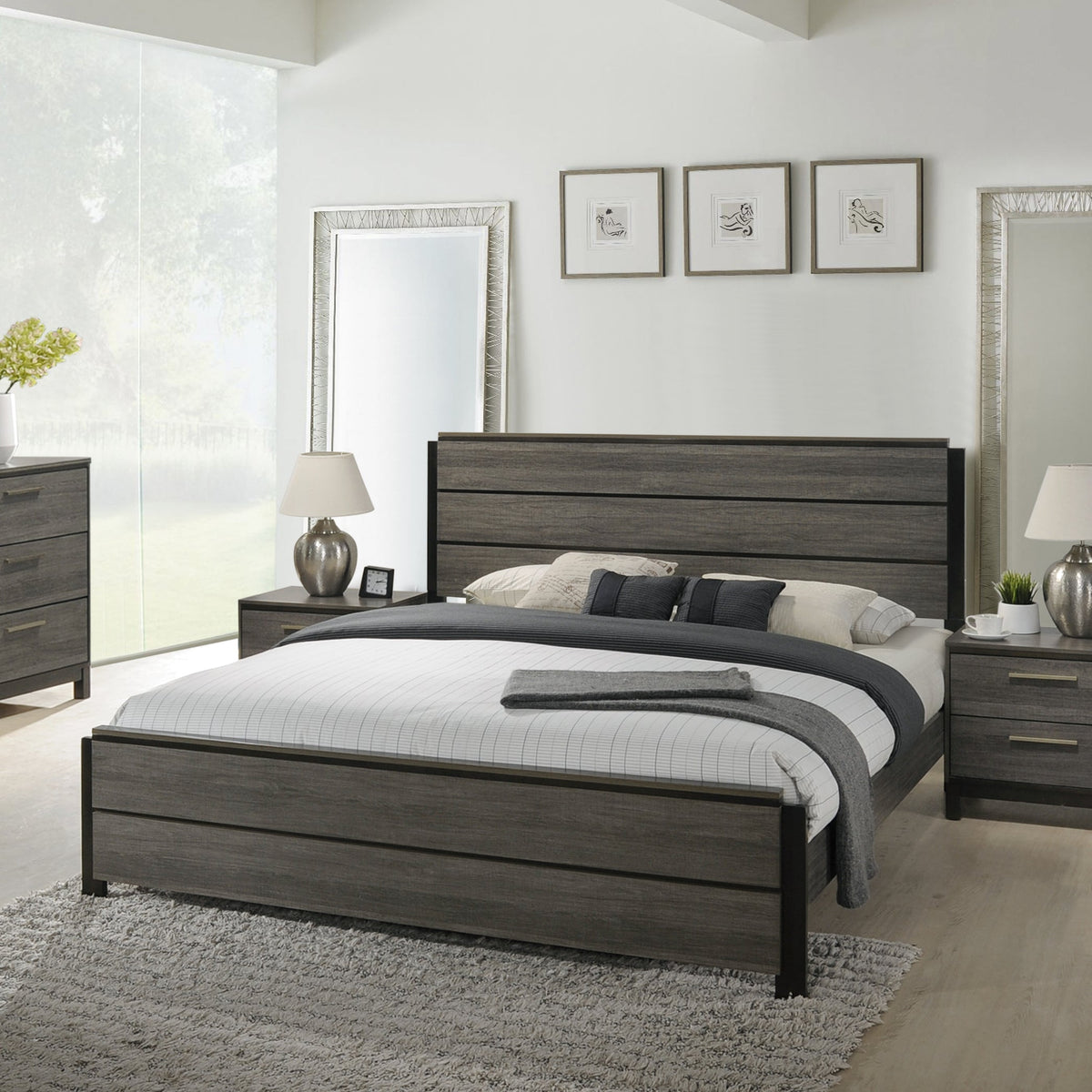 Ioana Contemporary Wood Panel Bed by HouseOfZazla, wood platform bed with two nightstands on Tampa Home & Garden Store