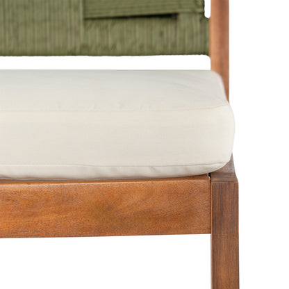 4-piece Arly Green outdoor bar stool set with beige cushions and backrests on wooden frame on Tampa Home & Garden Store