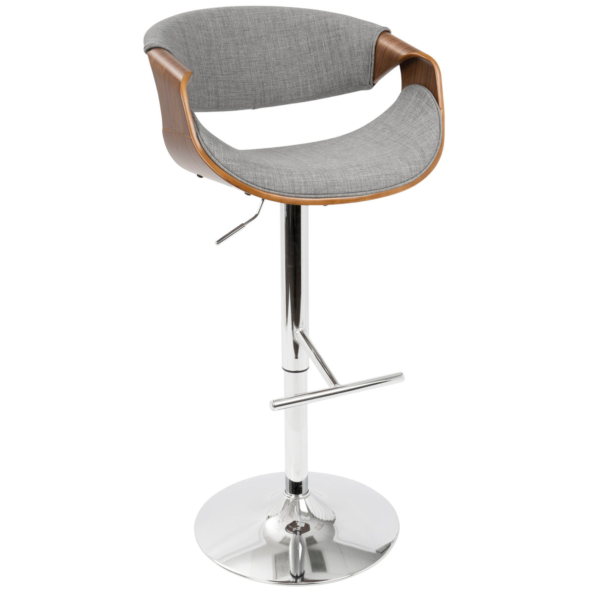Mid Century Modern adjustable swivel barstool with gray fabric, wood arms, chrome base on Tampa Home & Garden Store