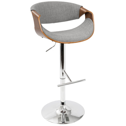Mid Century Modern adjustable swivel barstool with gray fabric, wood arms, chrome base on Tampa Home & Garden Store