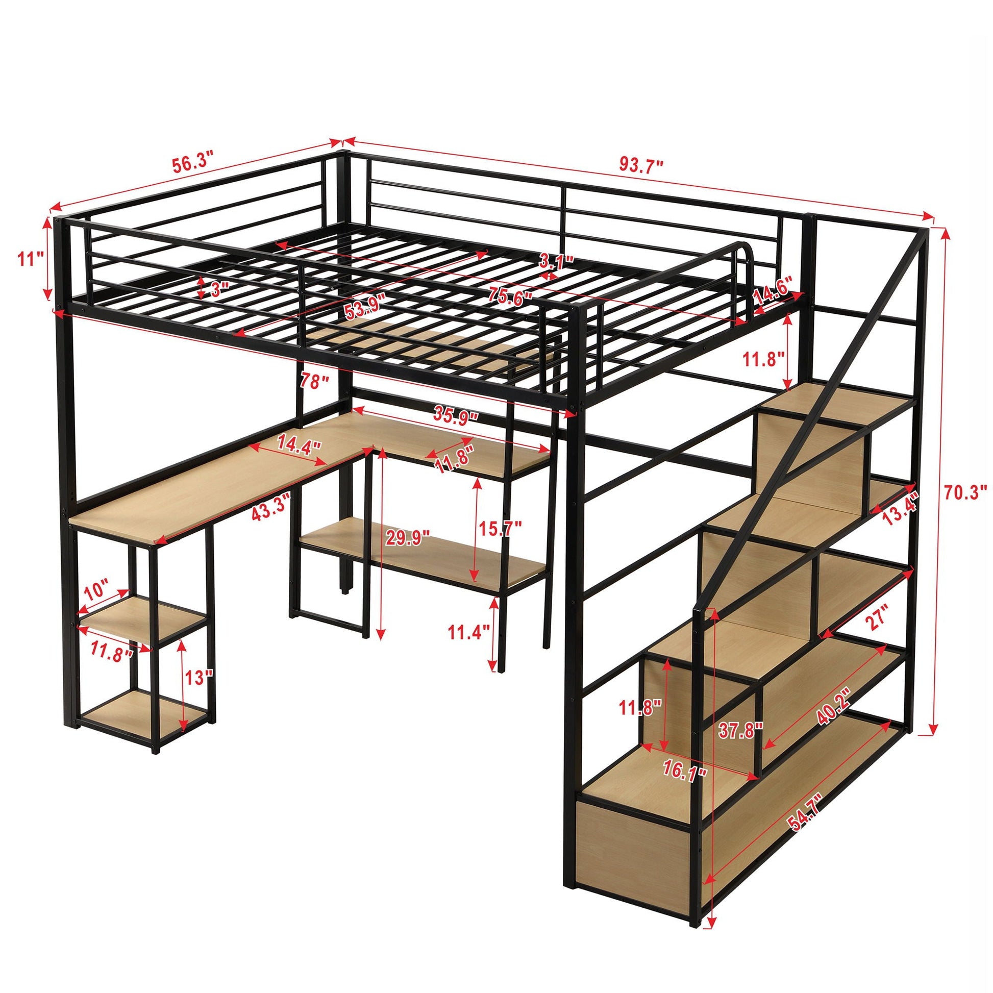 Full size loft bed with staircase and built-in desk, black metal frame with wood steps on Tampa Home & Garden Store