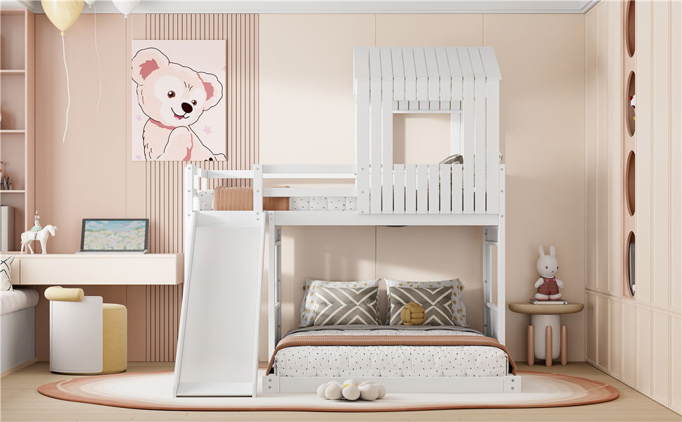 Loft bunk bed by HouseOfZazla white with playhouse, ladder and slide over a cozy daybed on Tampa Home & Garden Store