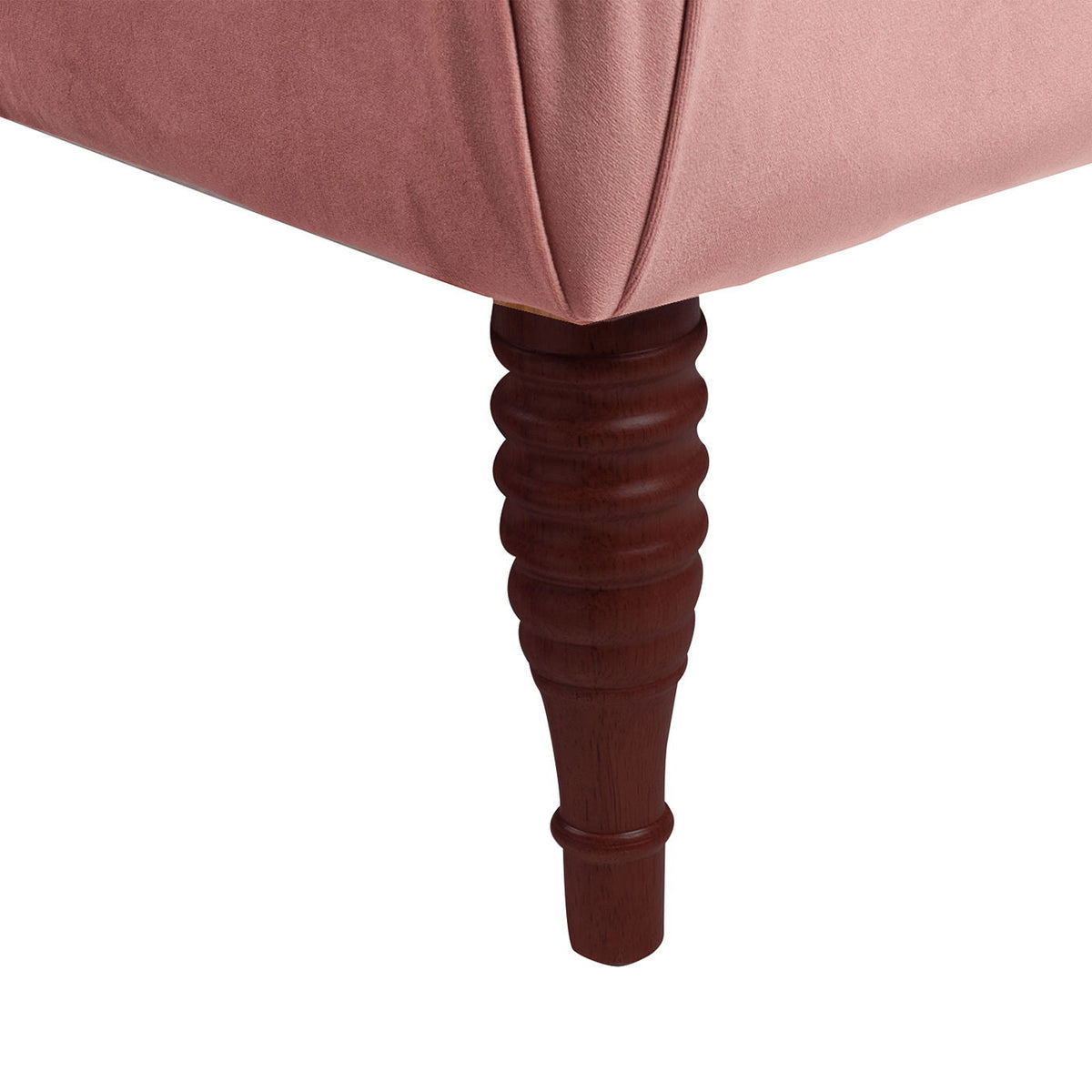 Tufted Roll Arm Chaise Lounge pink upholstery with dark carved wooden leg on Tampa Home & Garden Store