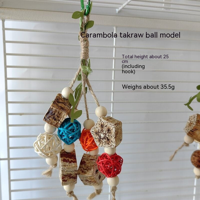 Parrot bite toy with wood blocks, colorful woven balls and beads on natural twine on Tampa Home & Garden Store
