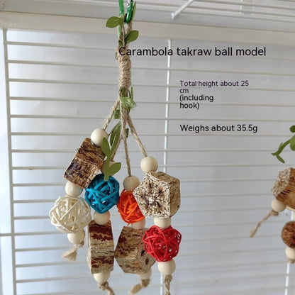 Parrot bite toy with wood blocks, colorful woven balls and beads on natural twine on Tampa Home & Garden Store