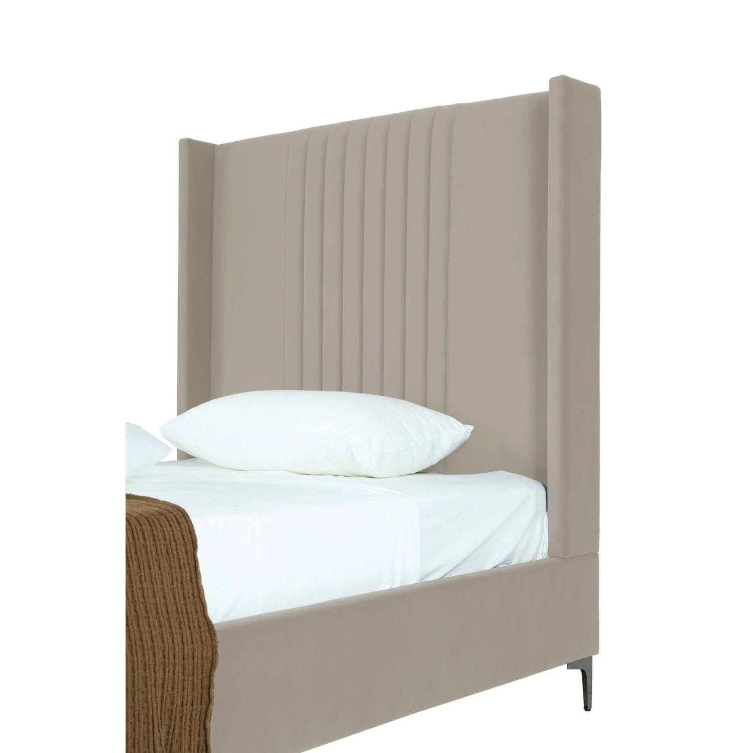 Promenade upholstered bed with beige tall headboard and vertical channel tufting on Tampa Home & Garden Store