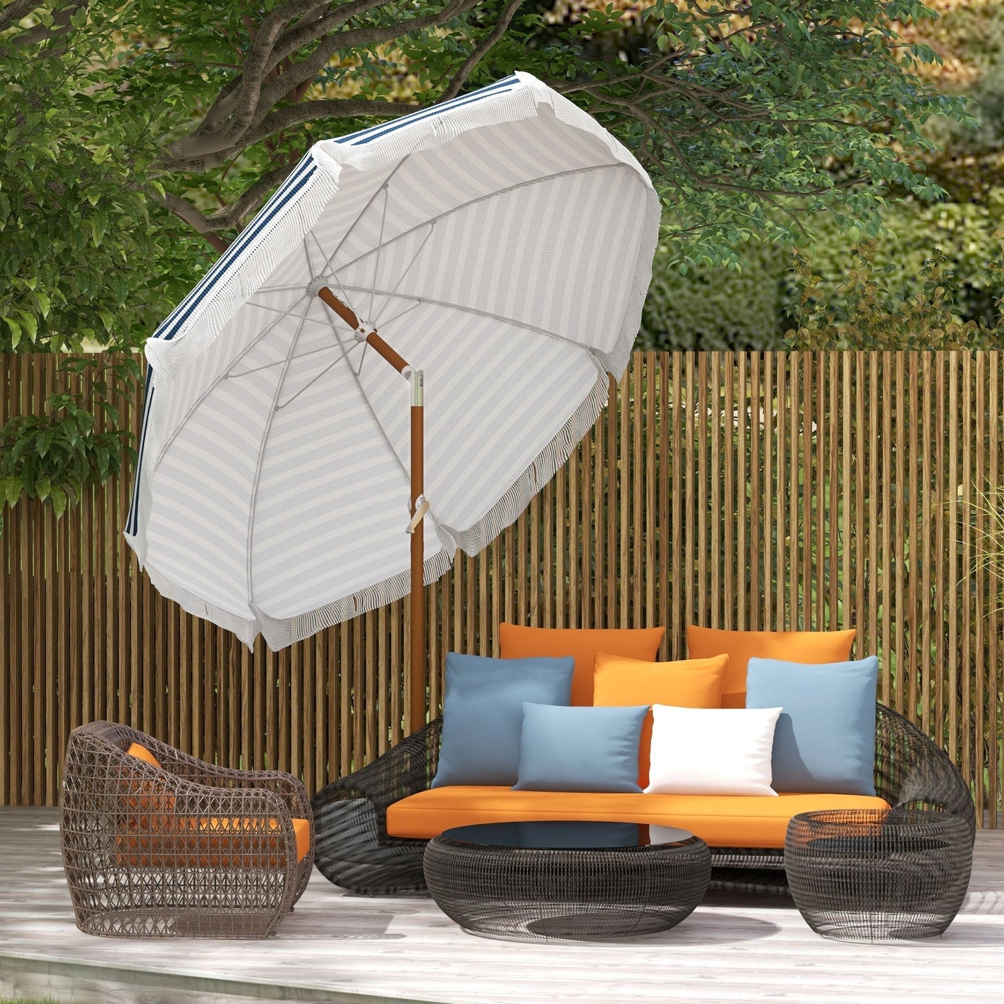 Outsunny 7x7 ft umbrella with tilt and vent white gray striped canopy on wooden pole on Tampa Home & Garden Store