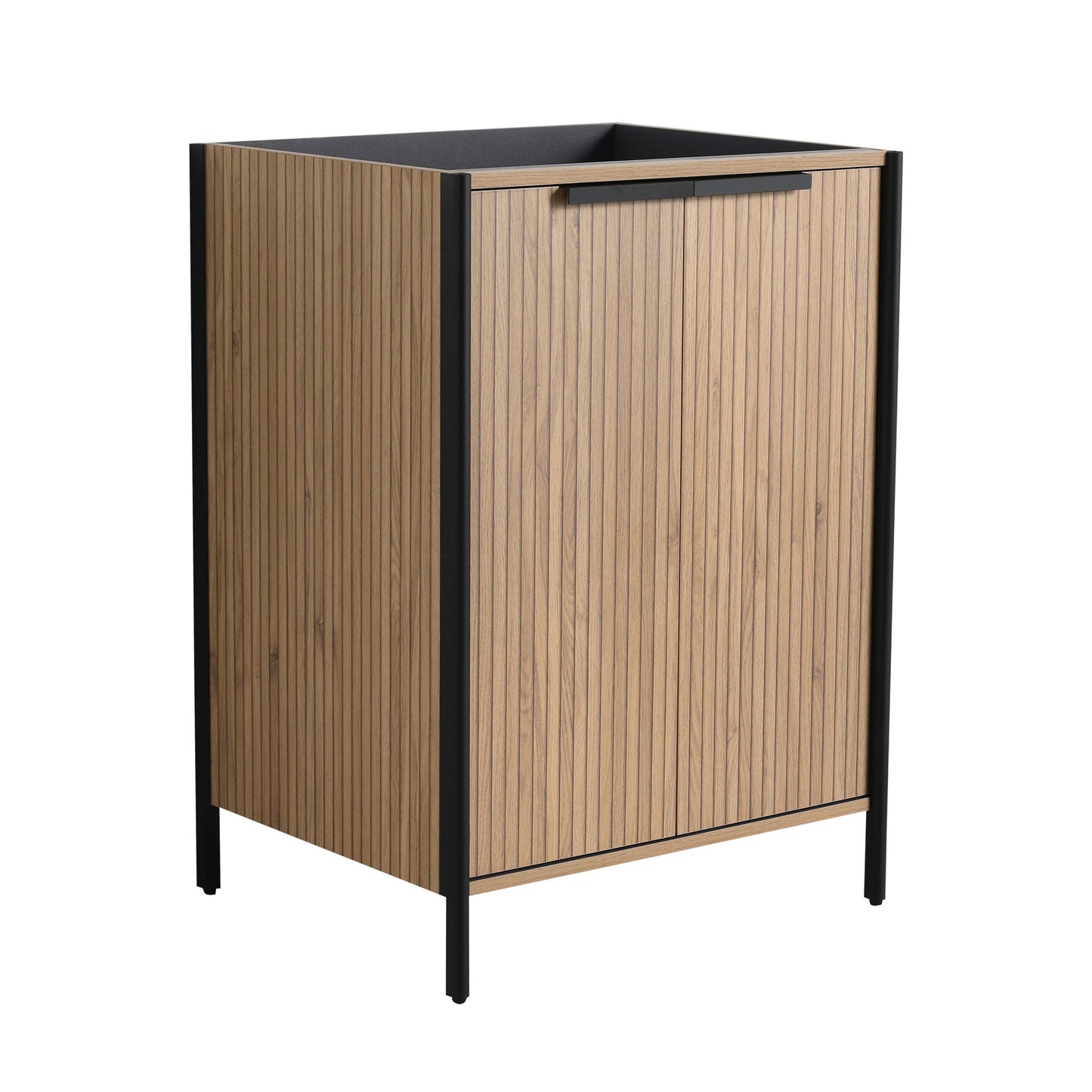 Contemporary Freestanding Bathroom Vanity With Adjustable Shelves, light oak slats, black frame on Tampa Home & Garden Store