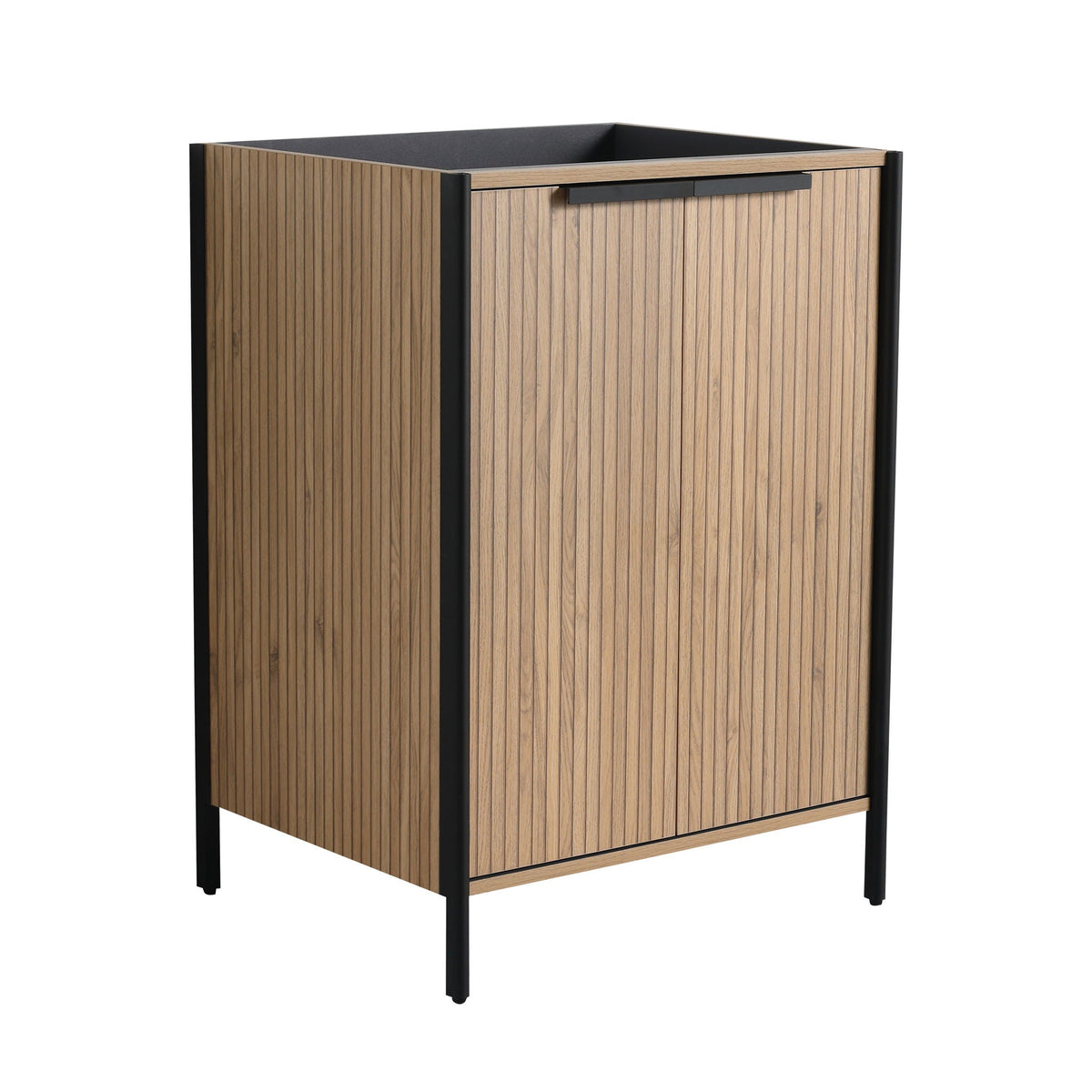 Contemporary Freestanding Bathroom Vanity With Adjustable Shelves, light oak slats, black frame on Tampa Home & Garden Store