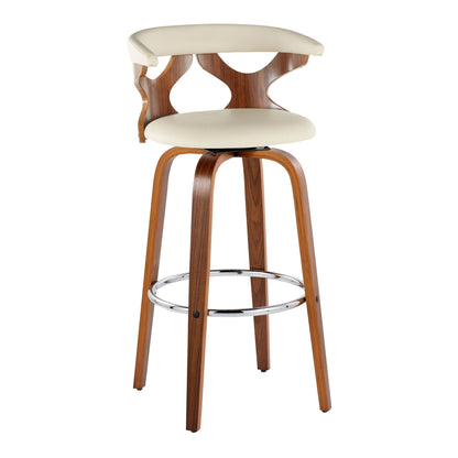 Mid Century Modern Swivel Barstool Set with cream upholstery, curved wood frame, chrome footring on Tampa Home & Garden Store