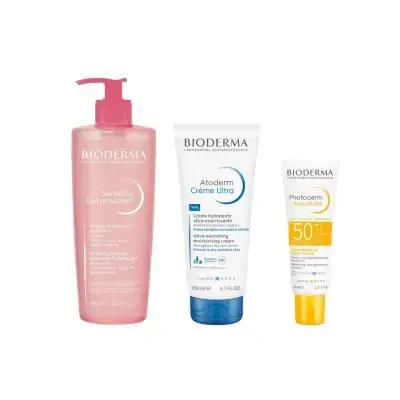Bioderma sensitive skin trio: pink pump bottle, white-blue Atoderm tube, SPF50+ sunscreen on Tampa Home & Garden Store