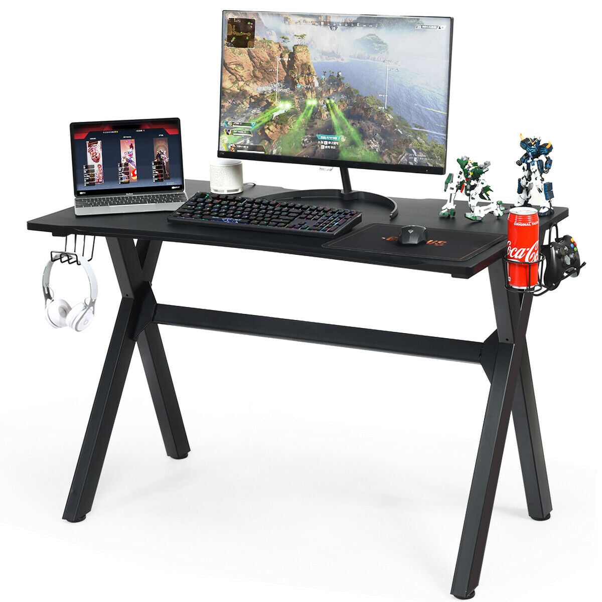 Escritorio de juegos ergonómico con alfombrilla para ratón y soporte para auriculares y vasos