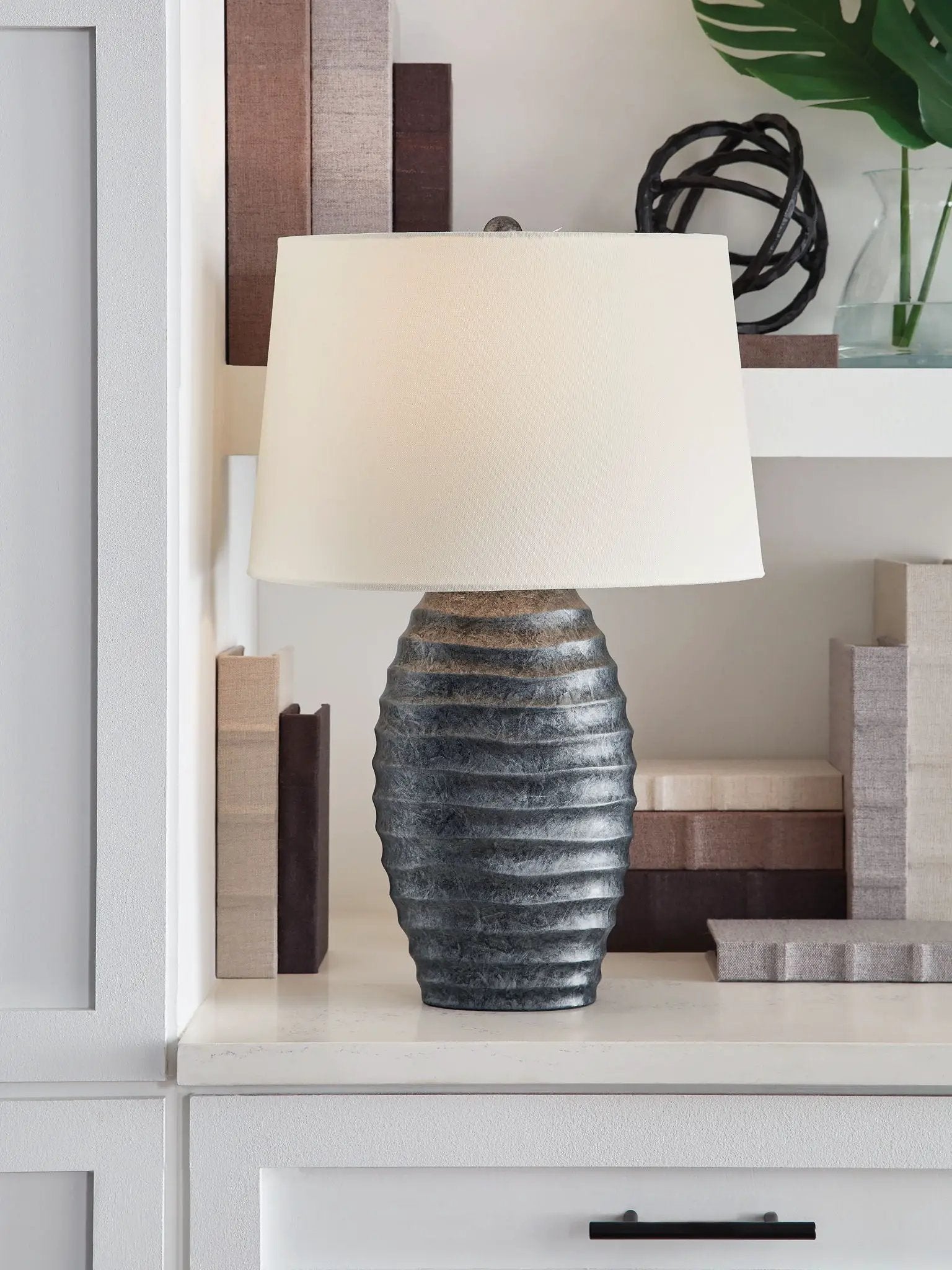 Caronick poly table lamp set of 2, antique silver finish, ribbed dark ceramic base, cream shade on Tampa Home & Garden Store