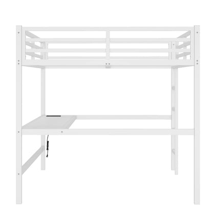 White metal queen-size loft bed frame with integrated power outlet and LED lighting on Tampa Home & Garden Store