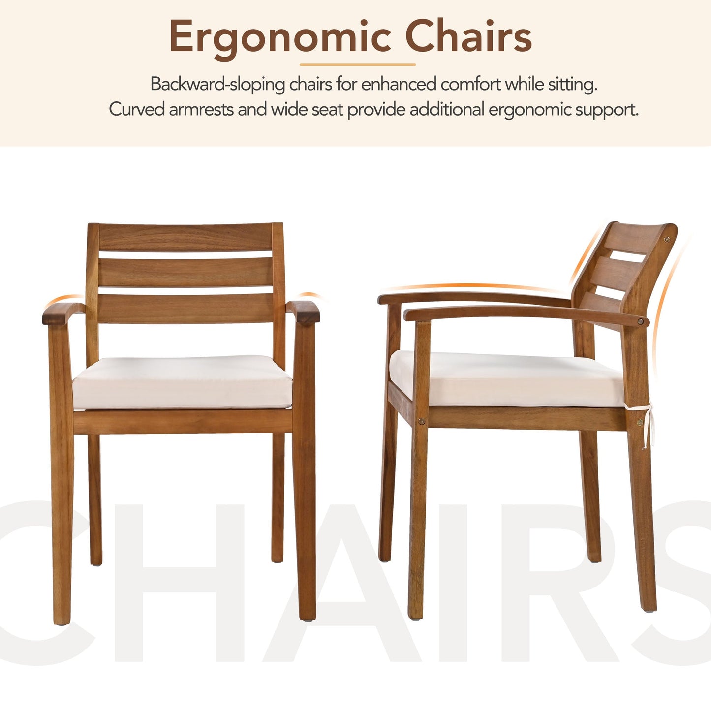 GO Outdoor Wood Dining Set 7-8 by HouseOfZazla brown wood chairs white cushions on Tampa Home & Garden Store