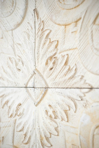 Distressed white wooden square wall panels set of 4 by Unique Piece Furniture with carved relief on Tampa Home & Garden Store