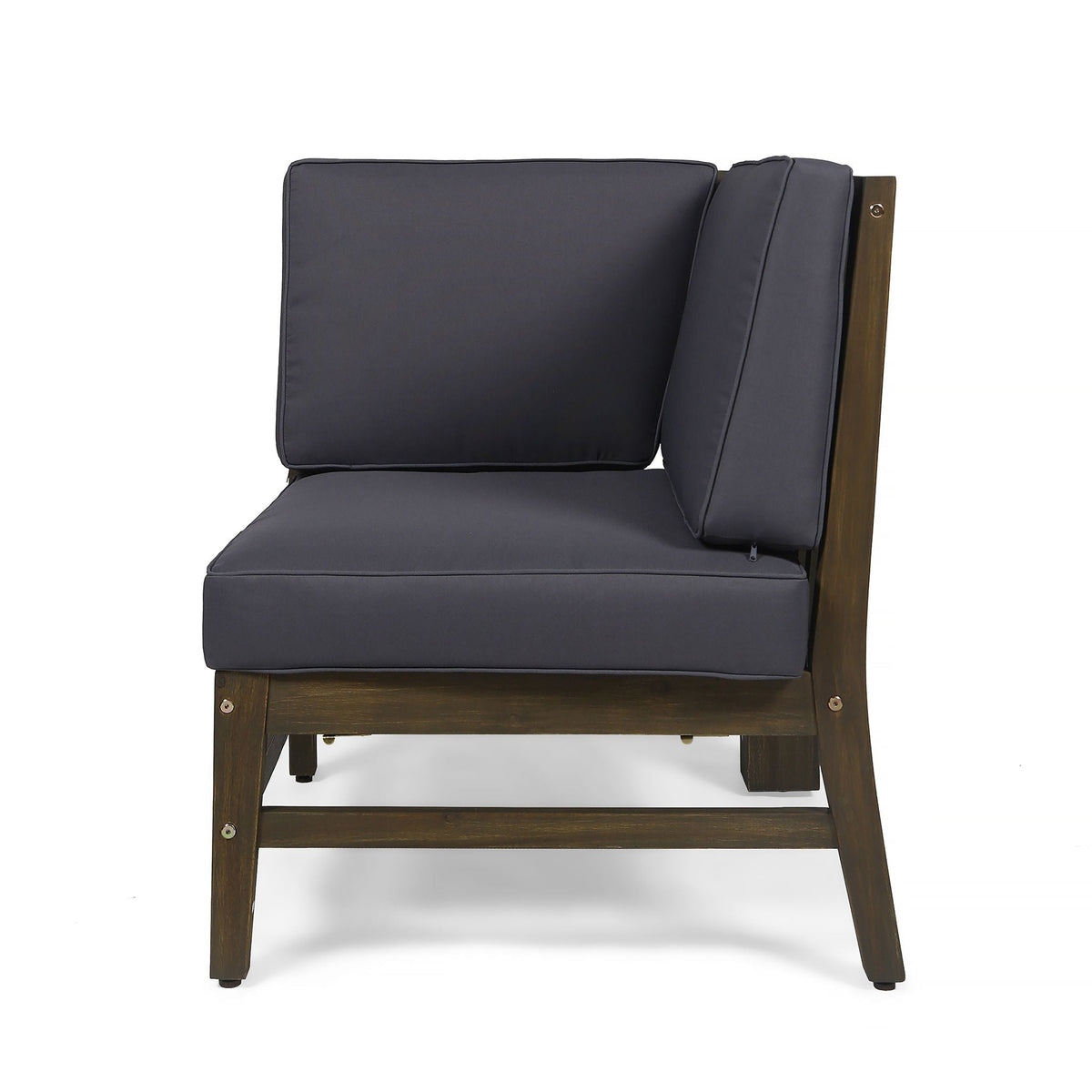 Perla Corner Chair with water-resistant cushions, dark gray cushions on a wooden frame on Tampa Home & Garden Store