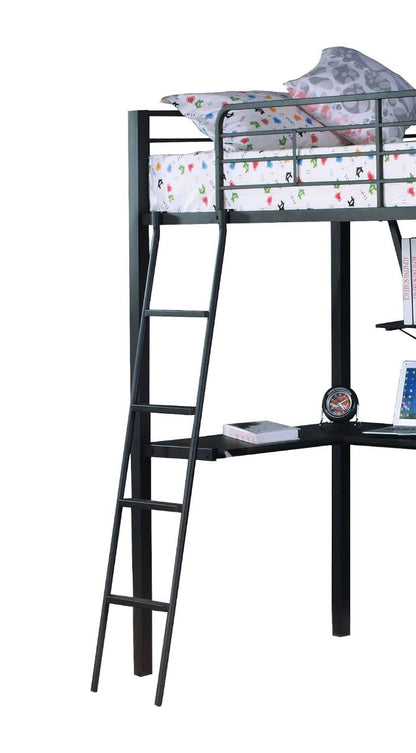 Senon Twin Loft Bed With Desk by HouseOfZazla, black metal frame with silver desk area on Tampa Home & Garden Store