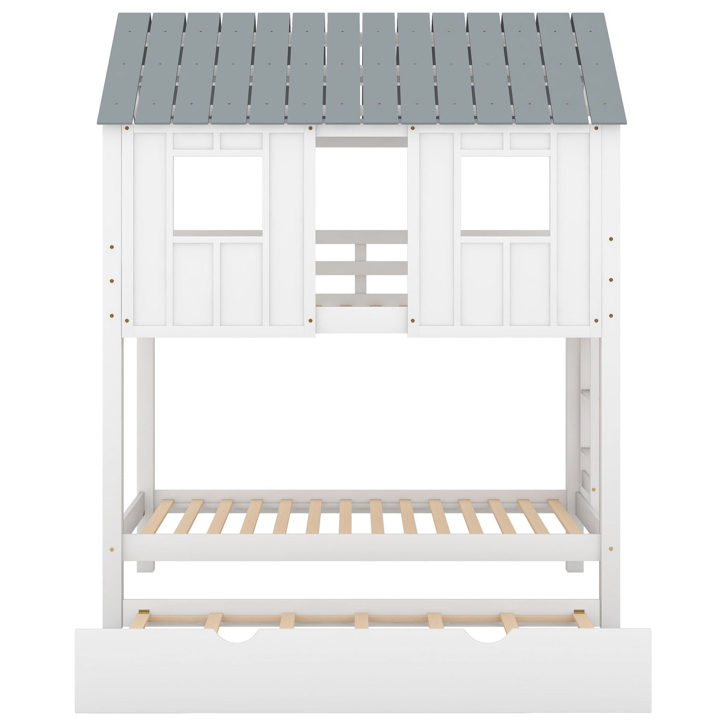 Twin size House bunk bed with trundle roof and windows in white/gray by HouseOfZazla on Tampa Home & Garden Store