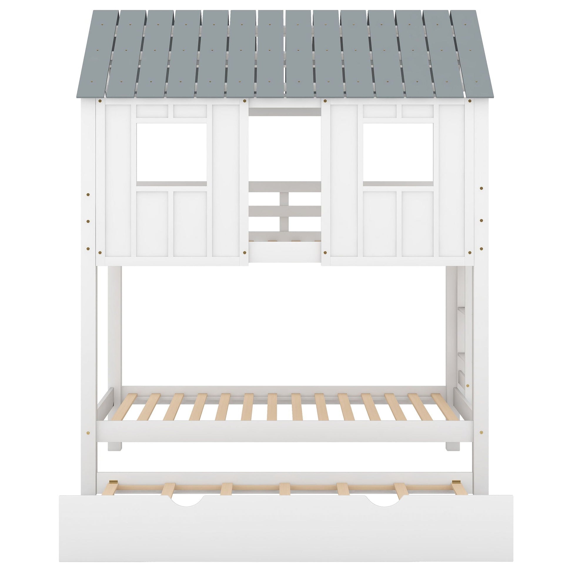 Twin size House bunk bed with trundle roof and windows in white/gray by HouseOfZazla on Tampa Home & Garden Store