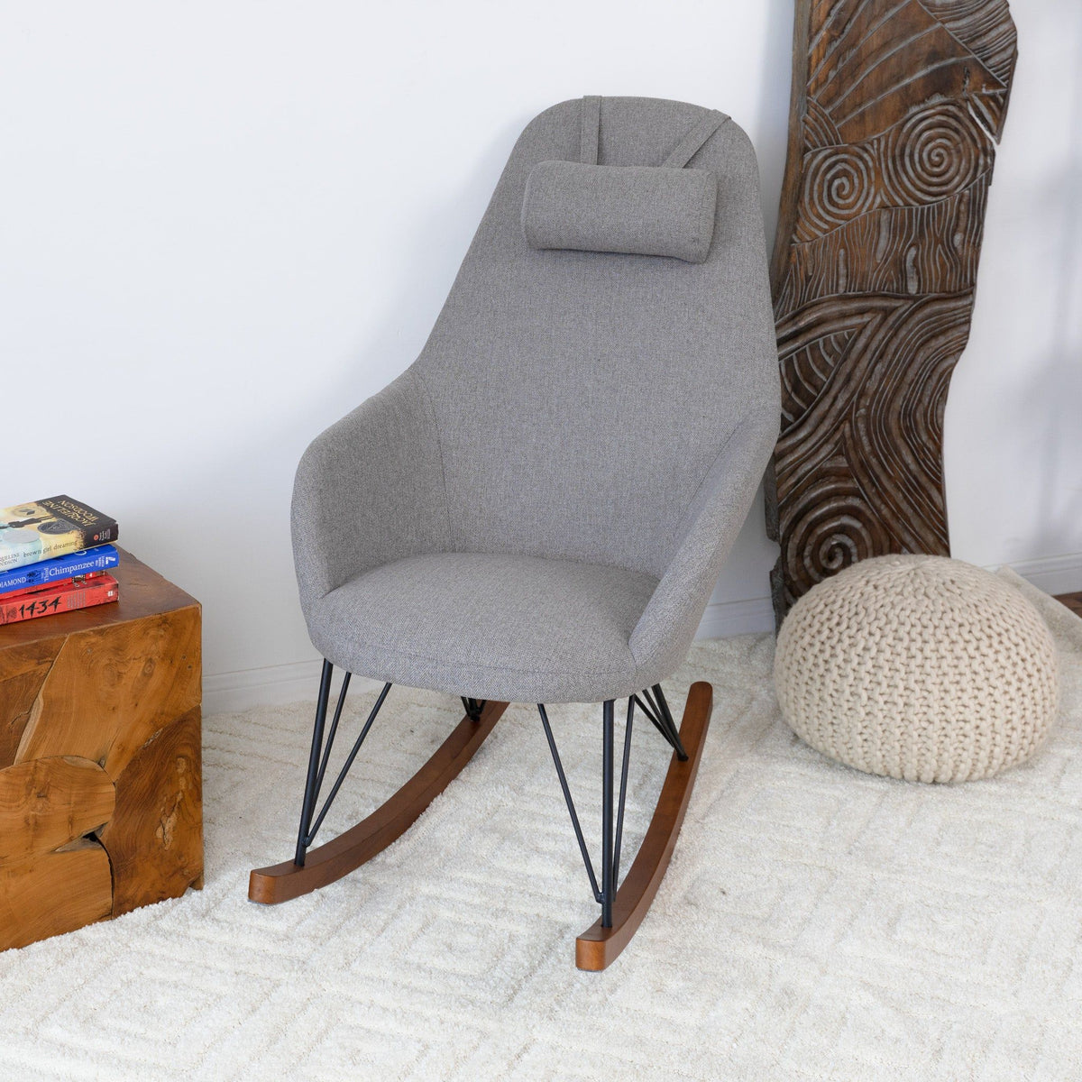 Chloe grey mid-century rocker chair with wooden rockers and metal legs on Tampa Home & Garden Store