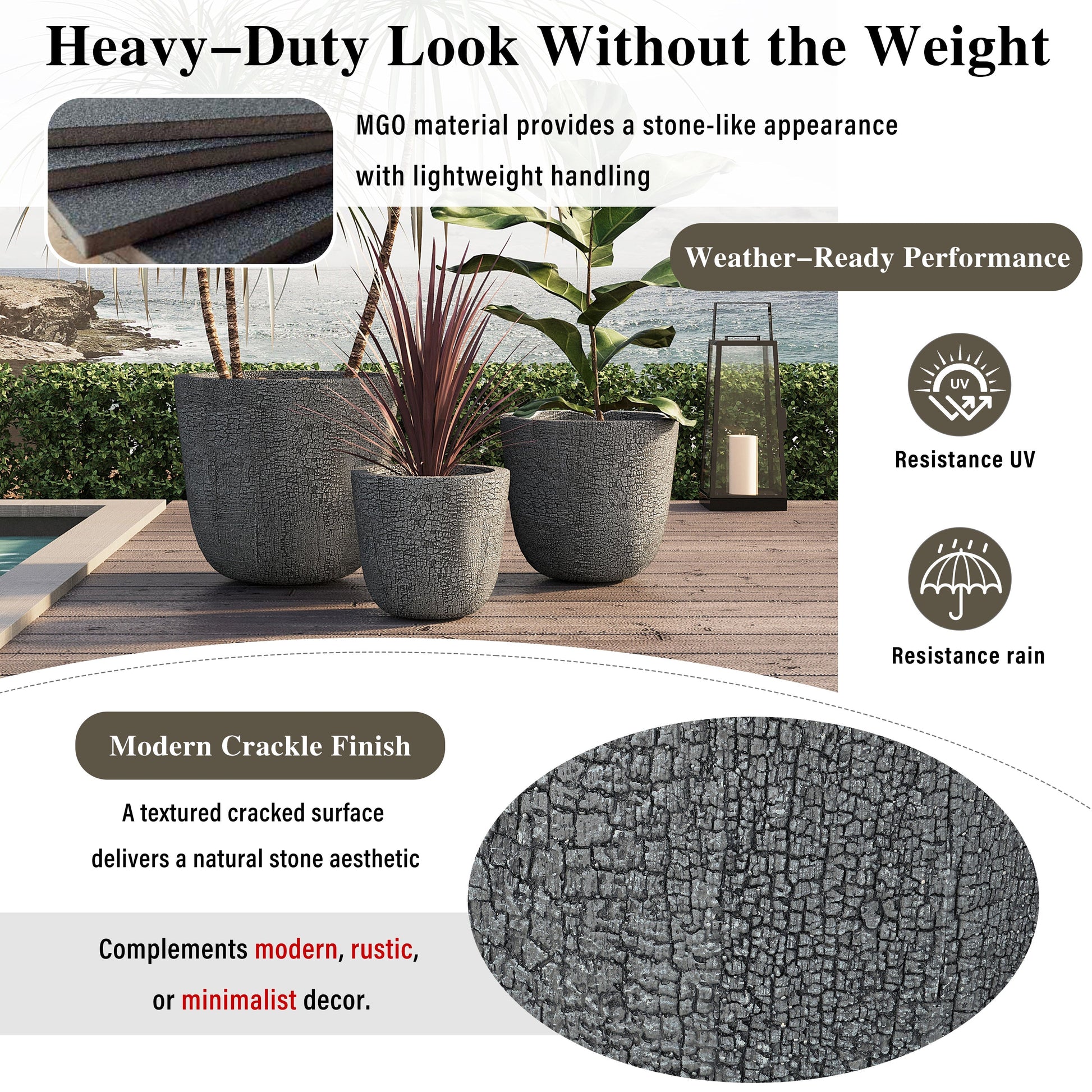 U_STYLE MGO Planter Set of 3 with textured gray stone finish by HouseOfZazla on Tampa Home & Garden Store