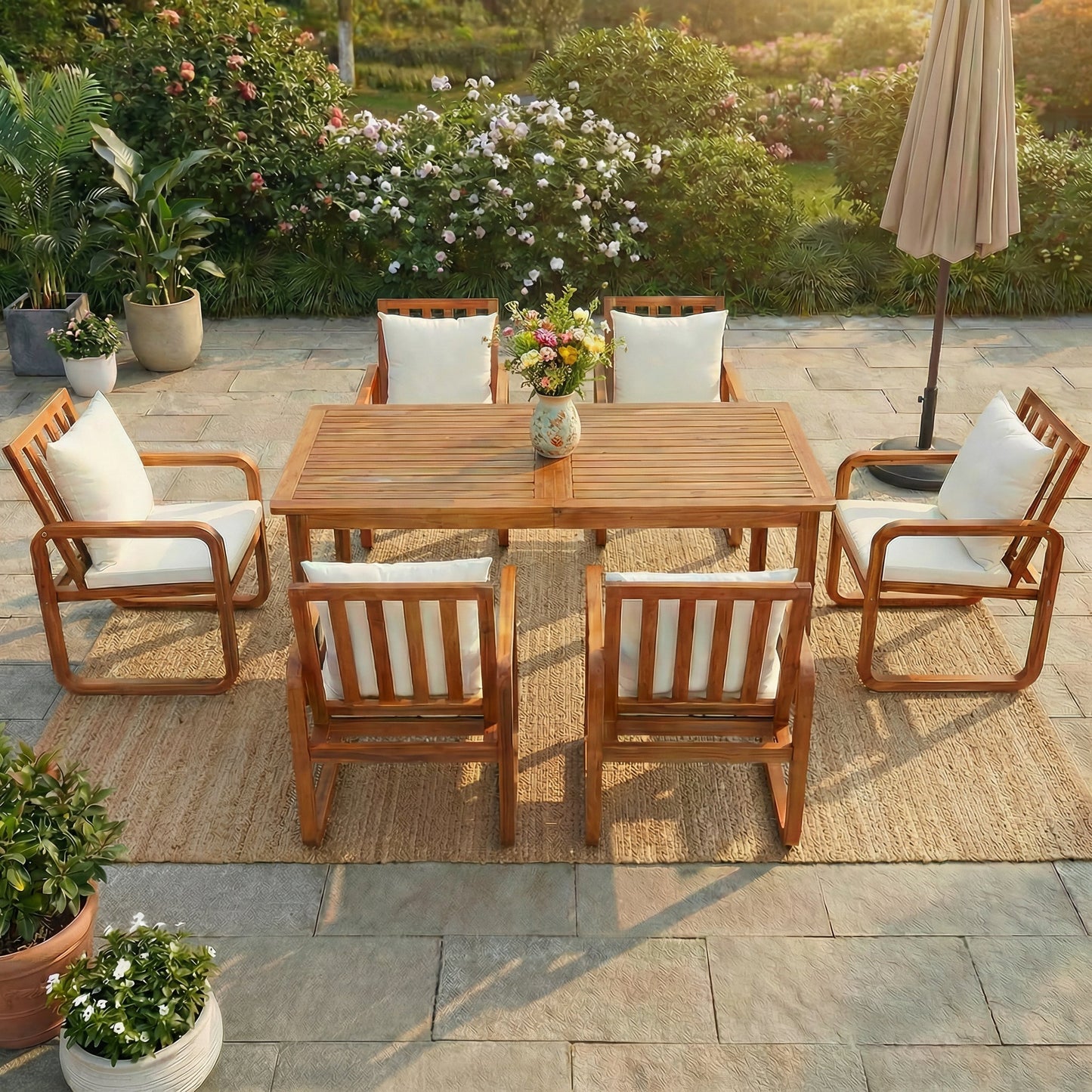 7-piece outdoor dining set with wooden table and six white cushioned chairs on patio on Tampa Home & Garden Store