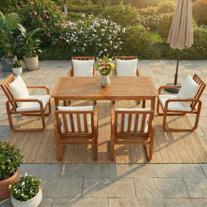 7-piece outdoor dining set with wooden table and six white cushioned chairs on patio on Tampa Home & Garden Store